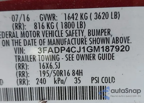 2016 Ford Fiesta Titanium z USA, uszkodzony, nr VIN 3FADP4CJ1GM187920